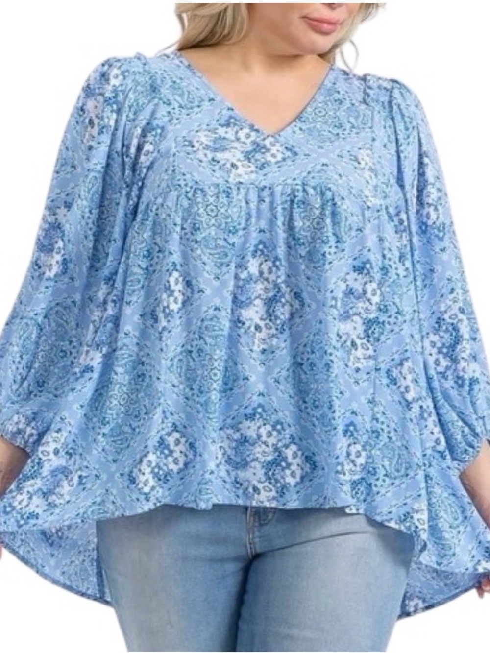 mittoshop Blue Printed V-Neck Tunic Top